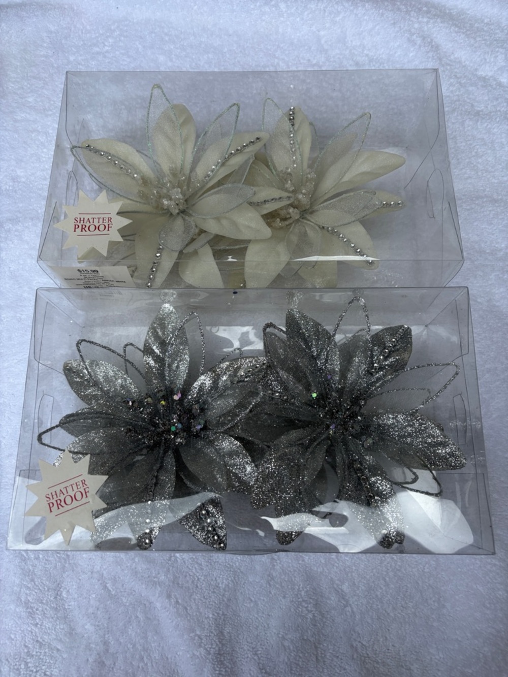 Hobby Lobby Faux Poinsettia Clips - Cream and Silver Glitter